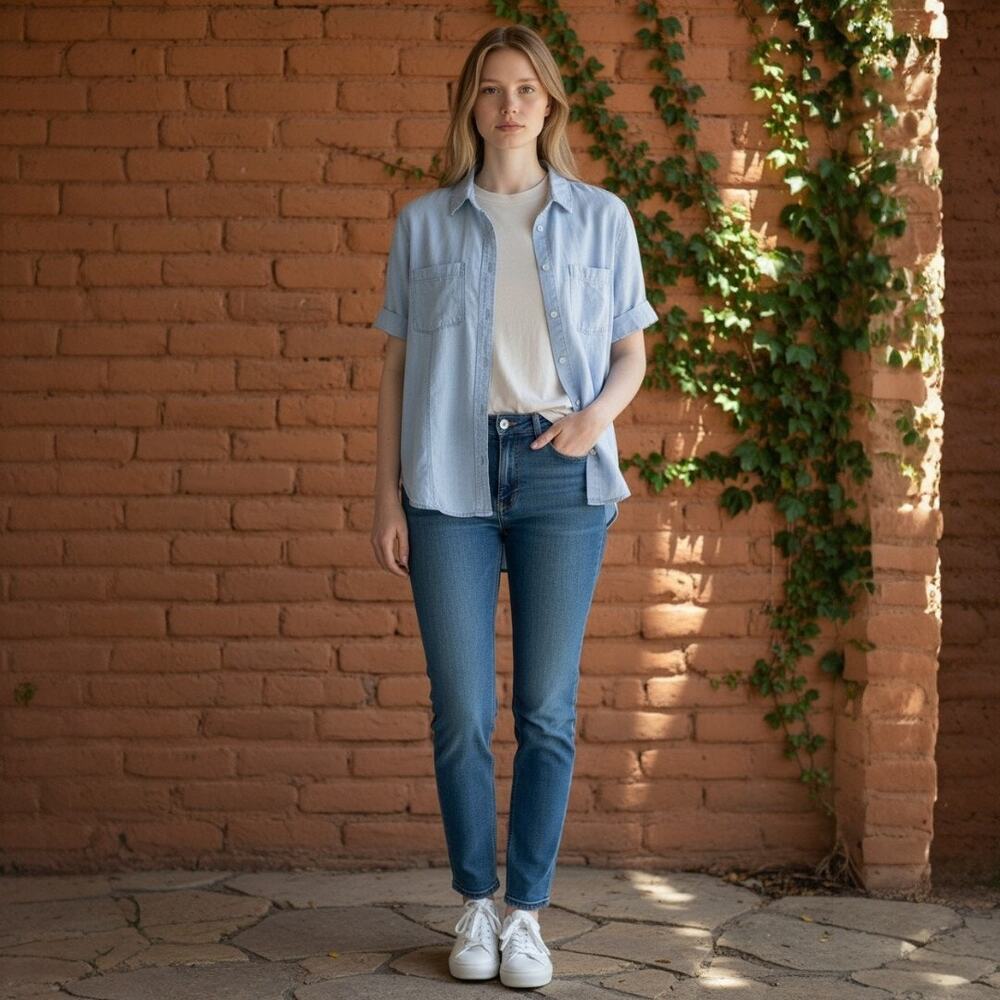 Prana XS Light Blue Chambray Short Sleeve Button-Up Shirt Women's